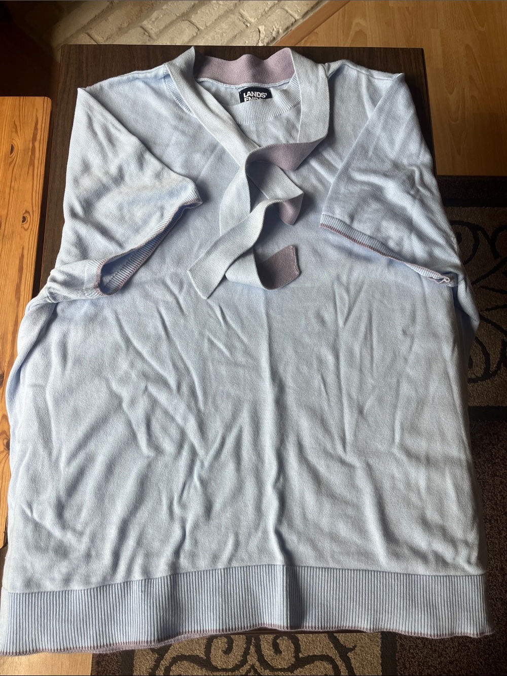 Lands' End Light Blue Short Sleeve Knit Top with Ribbon Tie